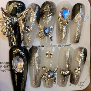 Hand Crafted Black and Silver Press-On Nails